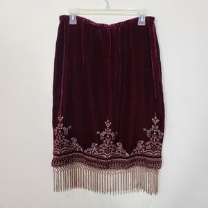 Burgundy Velvet Embroidered Fringe Skirt 10 Boho Whimsigoth Romantic Festival